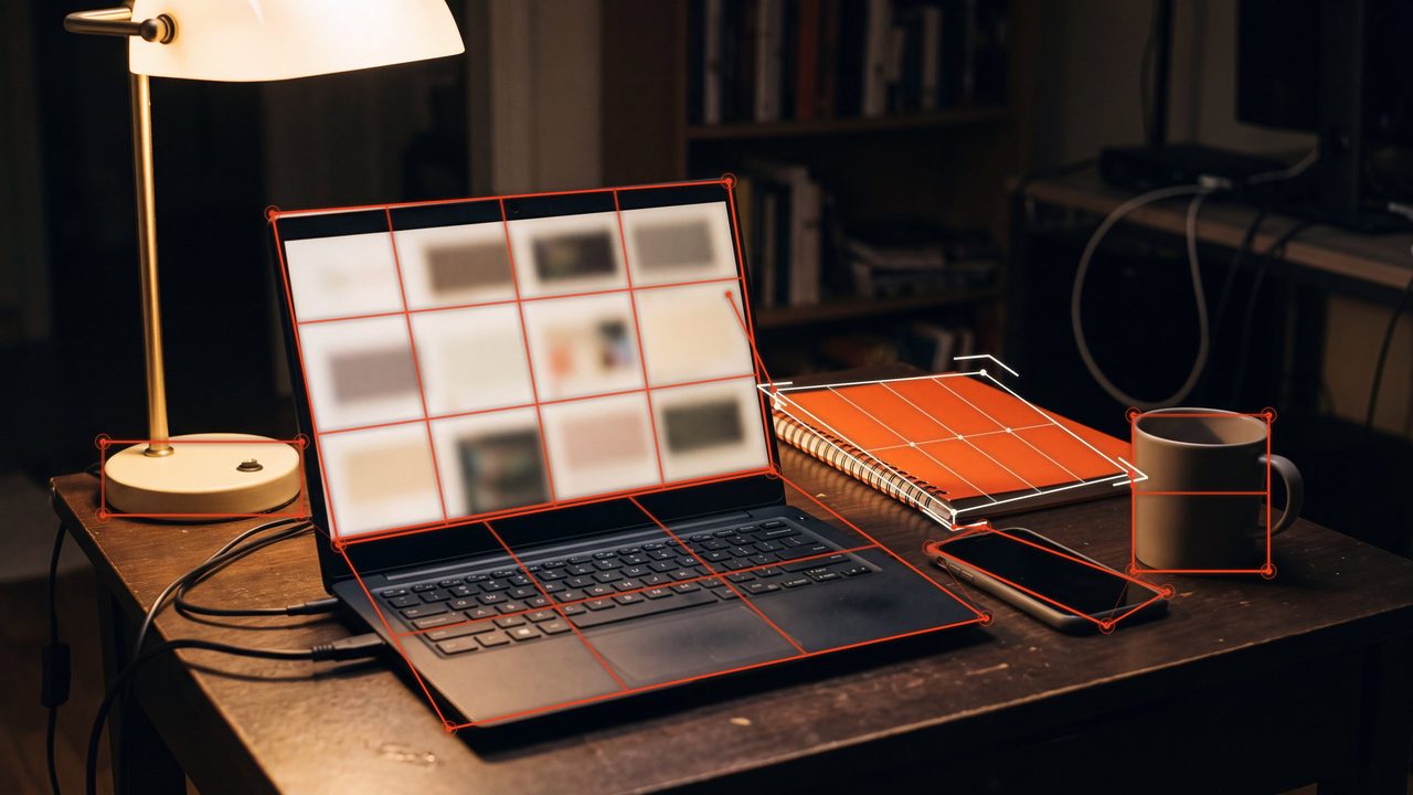 Laptop on a desk in a dark room with an orange notebook beside it, with an orange wireframe overlay