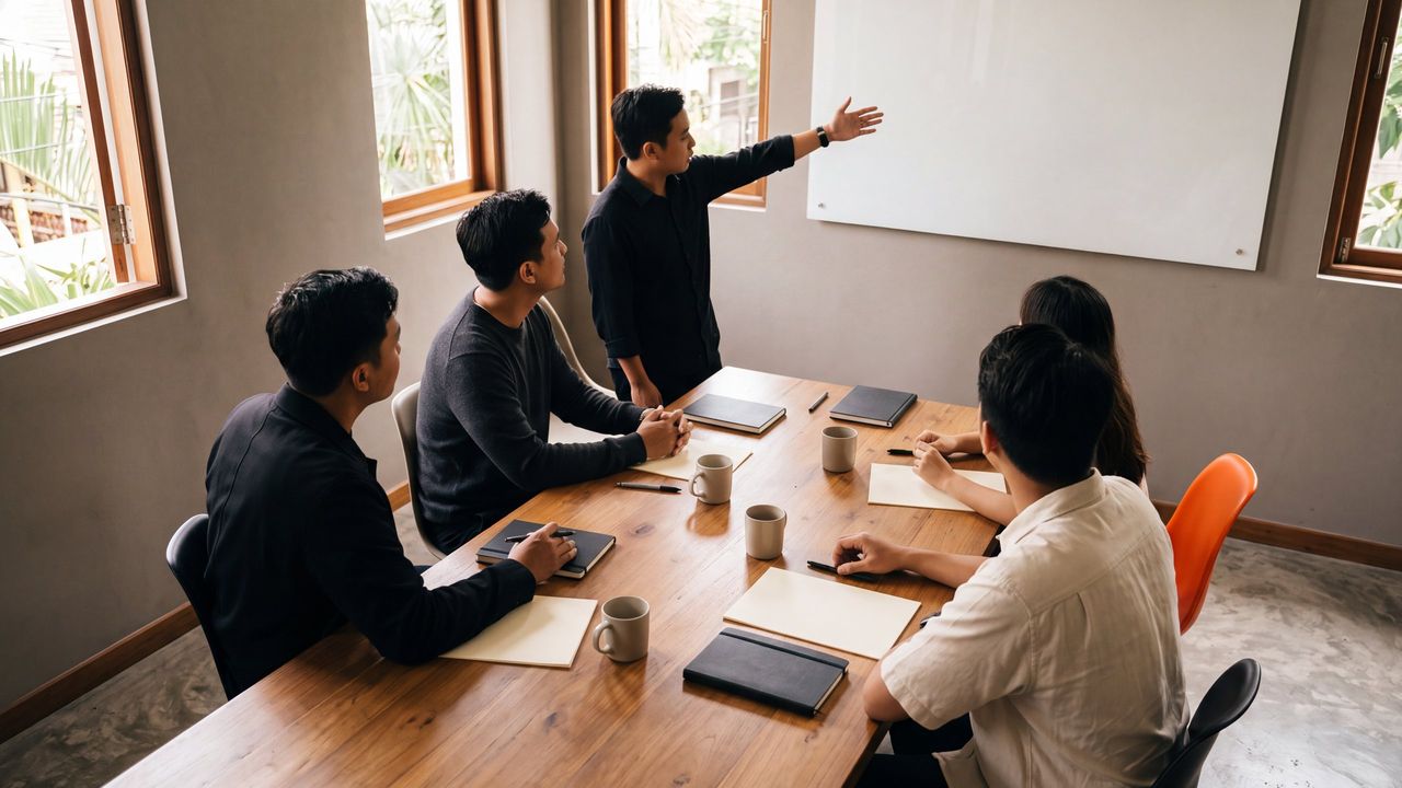 Team meeting around a wooden table facing a blank whiteboard