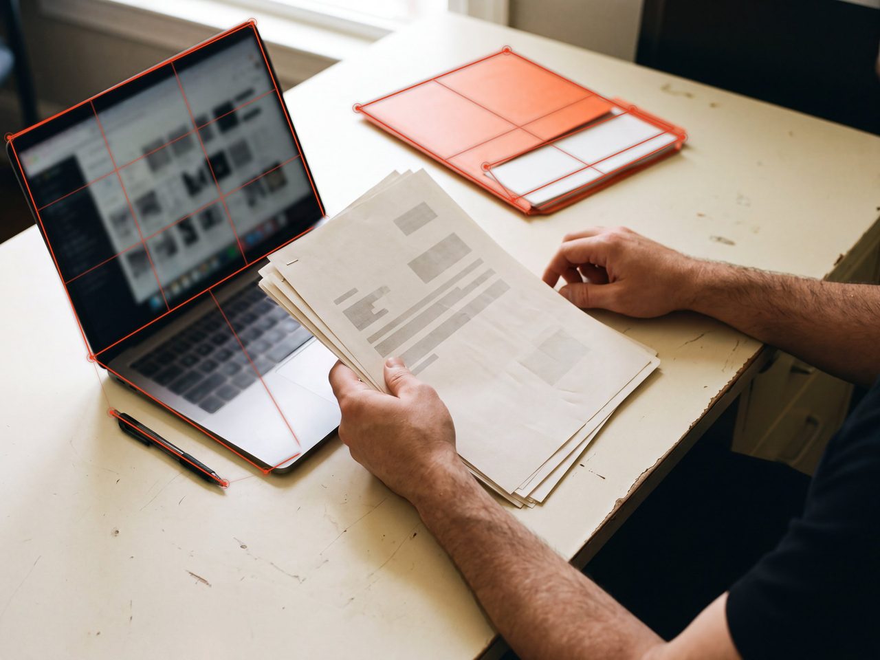 Hands sorting documents at a back-office desk, with an orange wireframe overlay