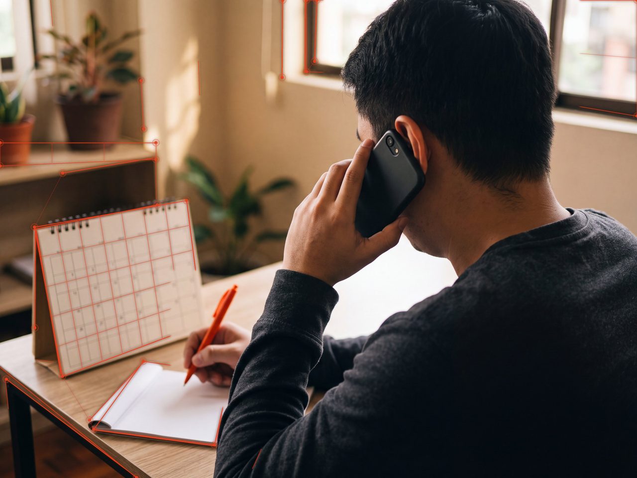 Agent making a phone call at a desk with a blank calendar, with an orange wireframe overlay