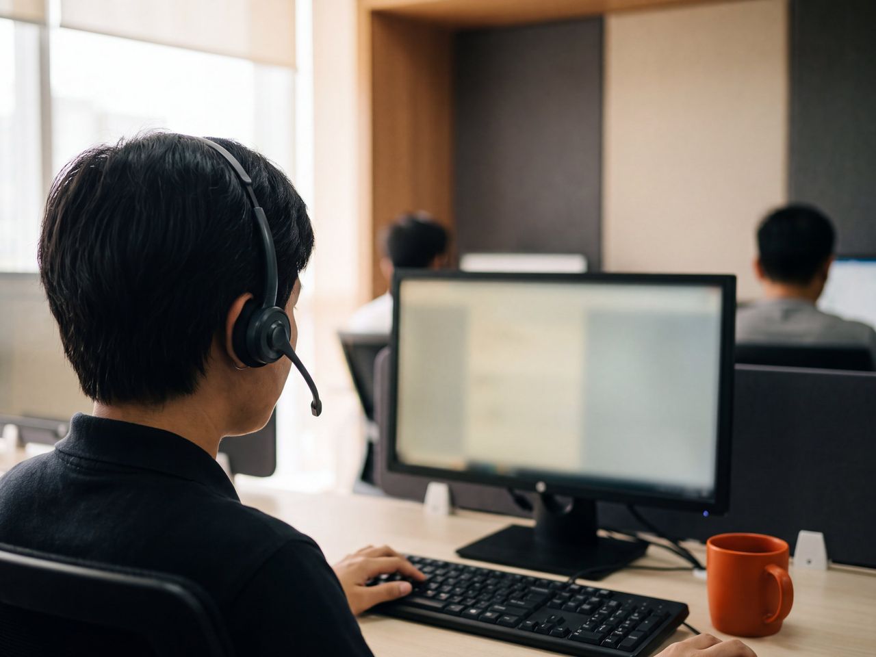 Support agent with a headset working at a desk, seen from behind