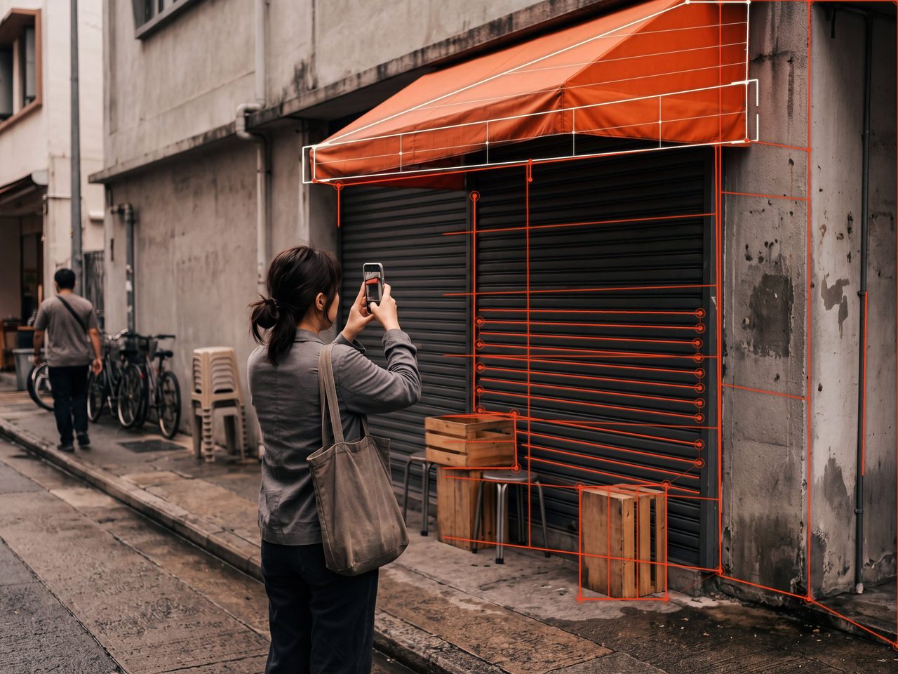 Field worker checking a phone on a street, seen from behind, with an orange wireframe overlay