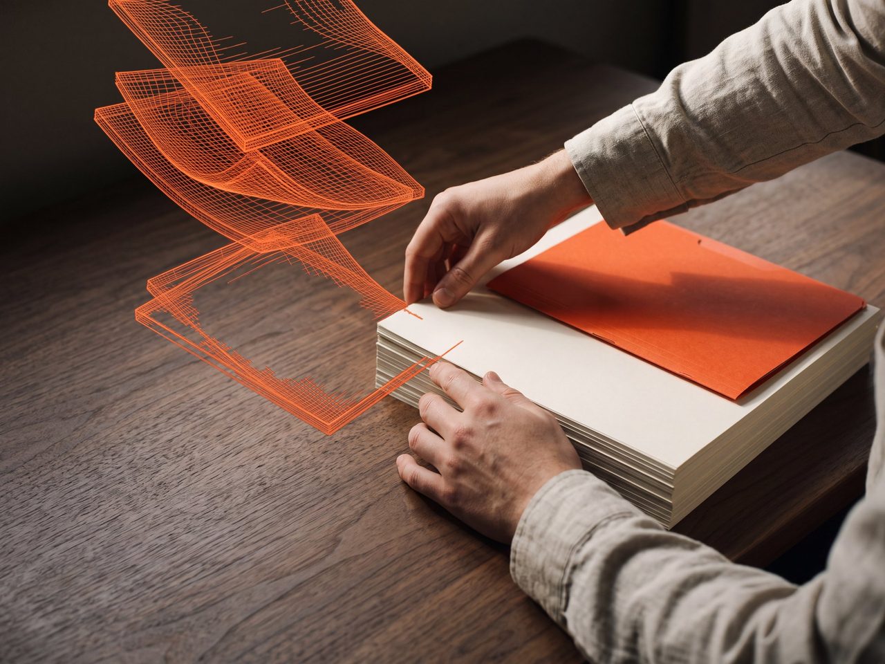 Orange wireframe sheets of paper float down onto a real paper stack as two hands square its edge; an orange folder sits on top.