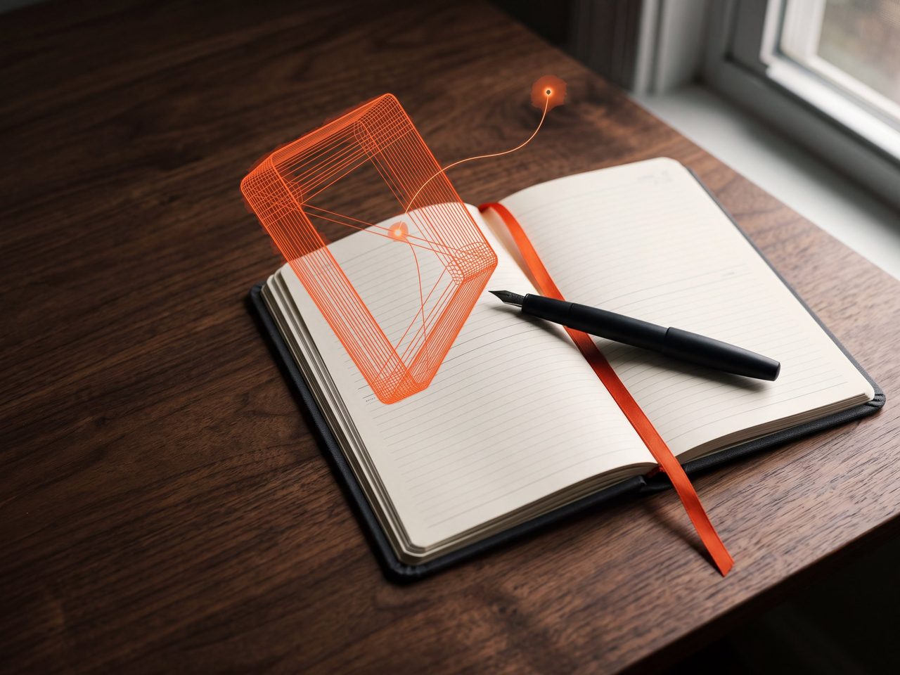 An orange wireframe calendar card lifts off the page of an open appointment book, with a fine line to a glowing point in the air.