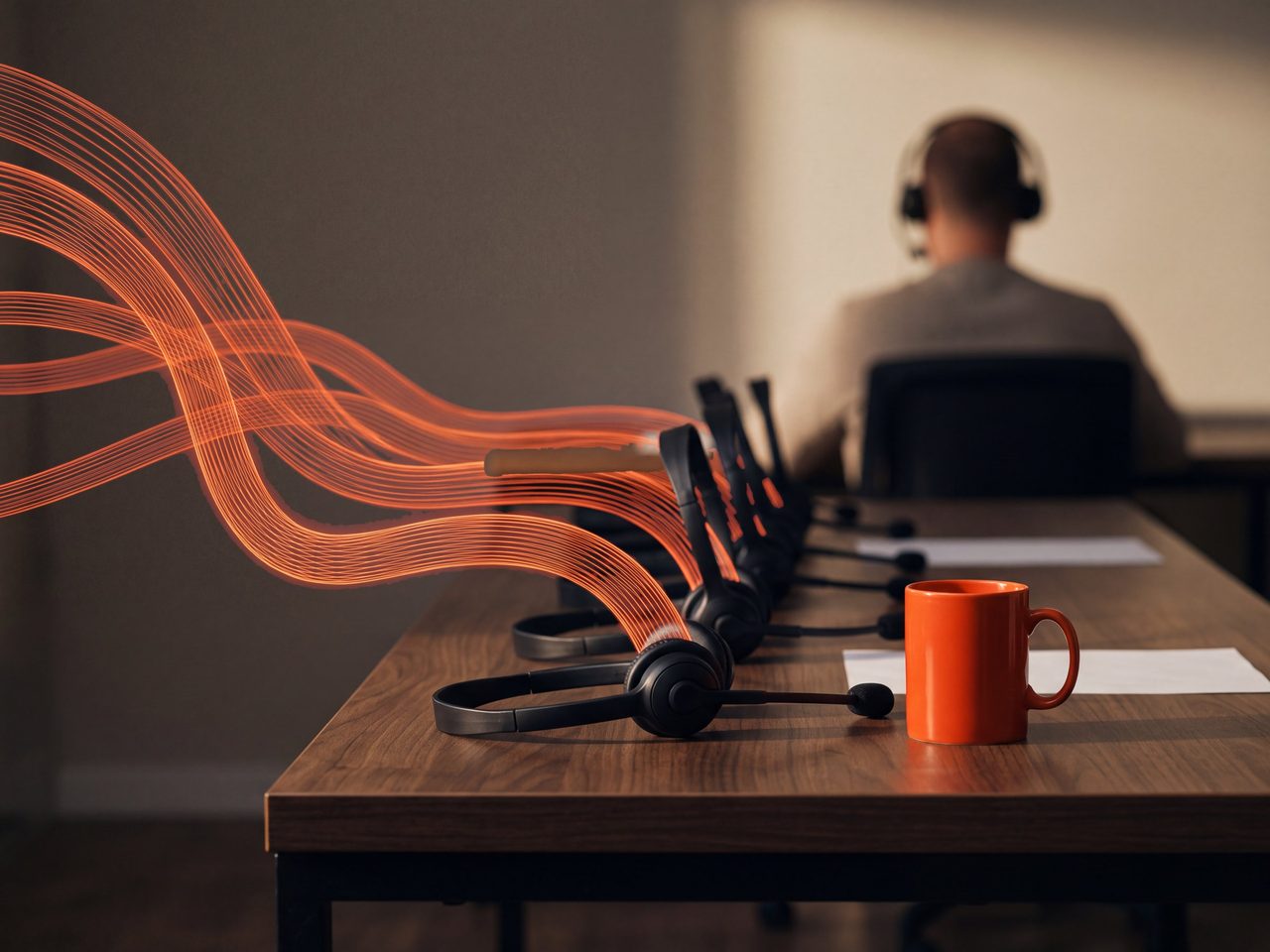 Dense orange wireframe ribbons stream in from the left and land on a row of headsets on a walnut desk; a person seen from behind sits in soft focus.