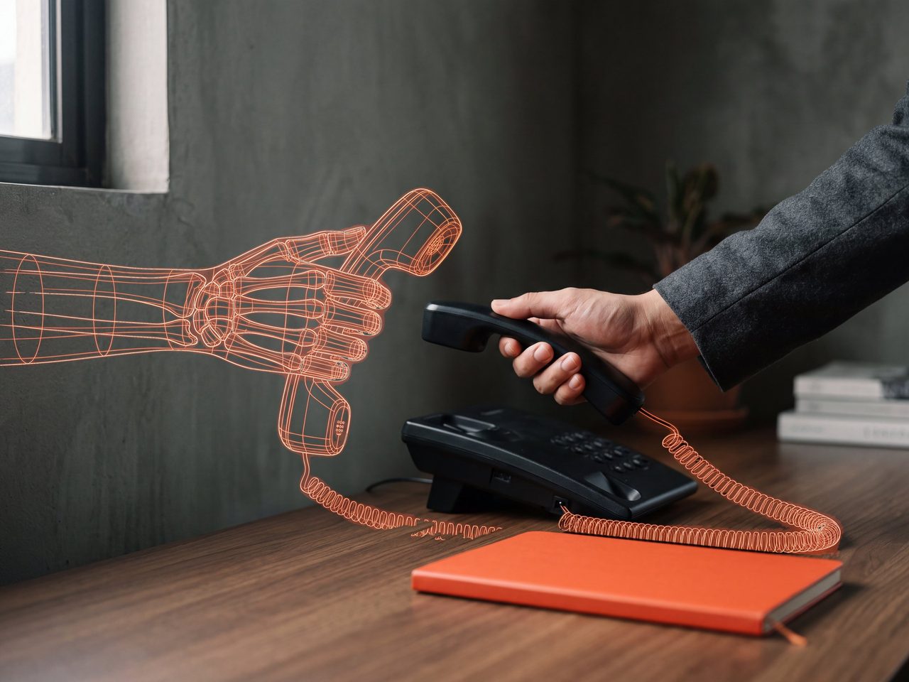 A hand lifts a desk-phone handset while a glowing orange wireframe hand reaches in from the left to pass it a wireframe handset; a closed orange notepad lies on the desk.