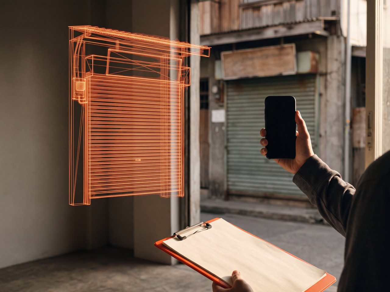 A hand photographs a shuttered storefront with a smartphone while an orange wireframe replica of the storefront floats just beside it.